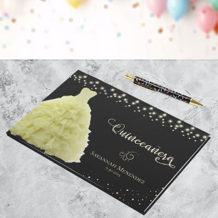 Black Quinceanera Yellow Gown Lights Photo Guest Book