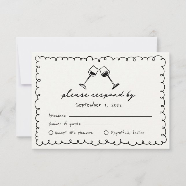 Black Quirky Hand Drawn Vineyard Wedding RSVP Card (Front)