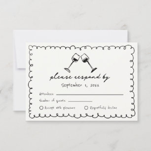 Black Quirky Hand Drawn Vineyard Wedding RSVP Card
