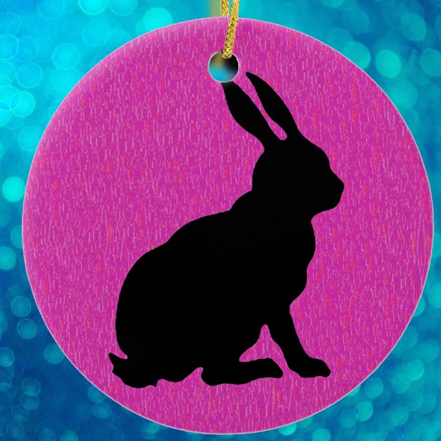 Black Rabbit Silhouette on Pink Ceramic Tree Decoration (Sitting rabbit in black silhouette on vibrant pink Easter hanging ornament.)