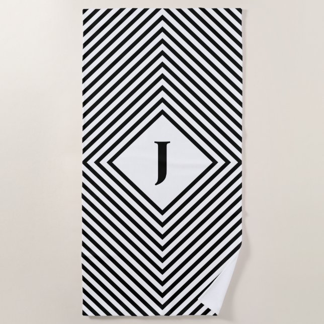 Black Radiating Rhombuses with Central Letter Beach Towel (Front)