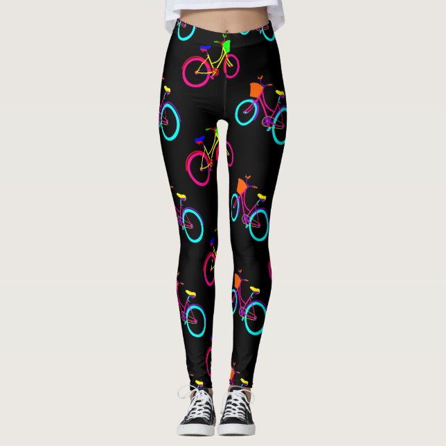 black rainbow bikes colourful bicycles leggings (Front)