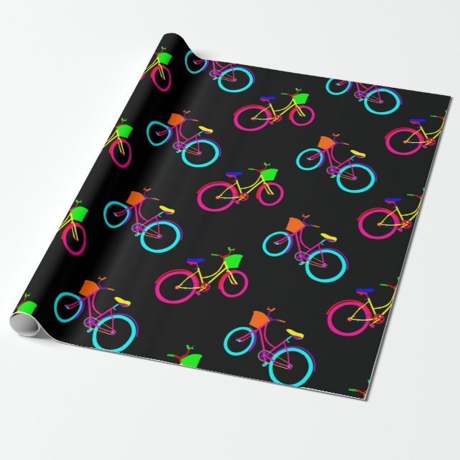 black rainbow bikes colourful bicycles wrapping paper (Unrolled)