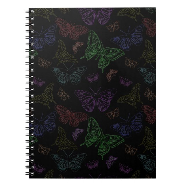 Black & Rainbow Colored Butterflies Flying Notebook (Front)