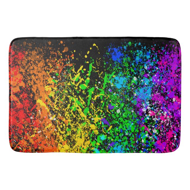 Black Rainbow Colour Paint Splatter Colourful Bath Mat (Front)