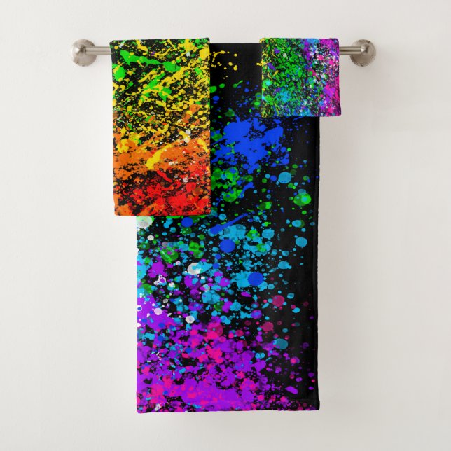 Black Rainbow Colour Paint Splatter Colourful Bath Towel Set (Insitu)
