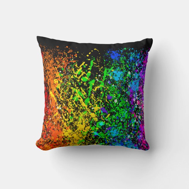 Black Rainbow Colour Paint Splatter Colourful Cushion (Front)