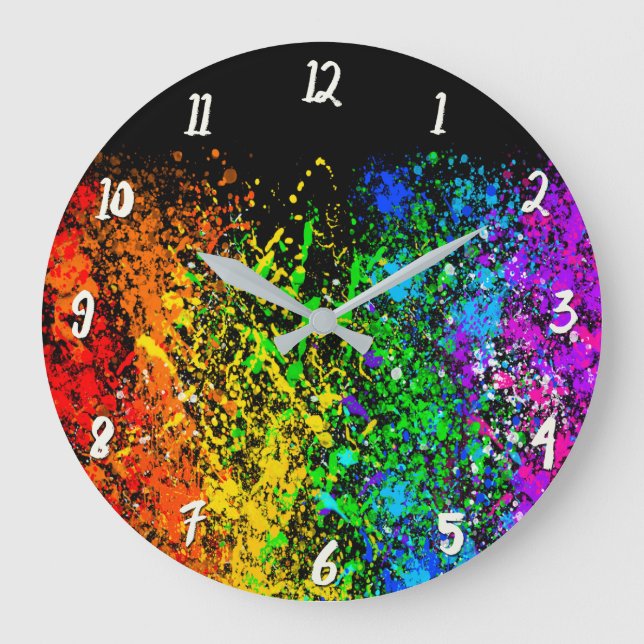 Black Rainbow Colour Paint Splatter Colourful Large Clock (Front)