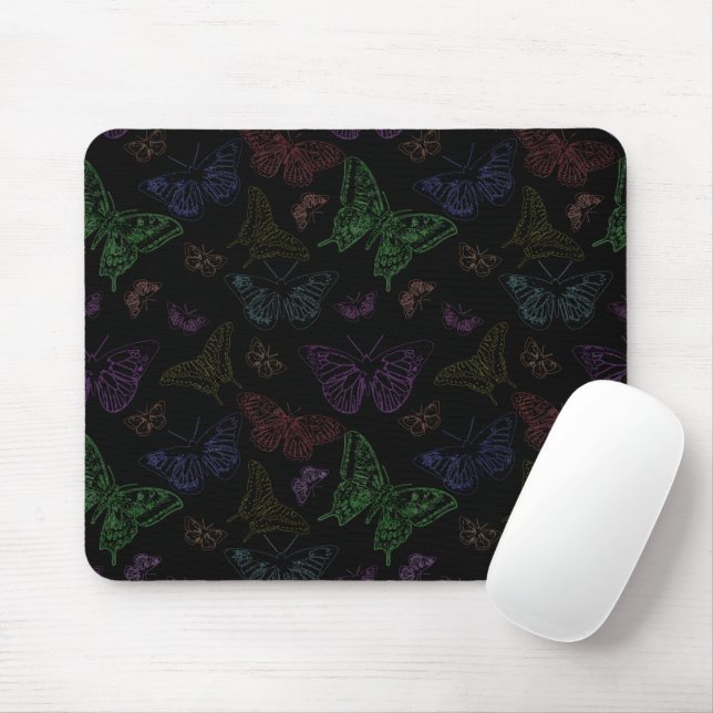 Black & Rainbow Coloured Butterflies Flying Mouse Mat (With Mouse)