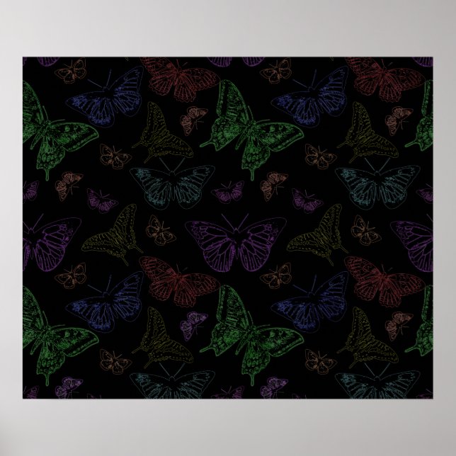 Black & Rainbow Coloured Butterflies Flying Poster (Front)