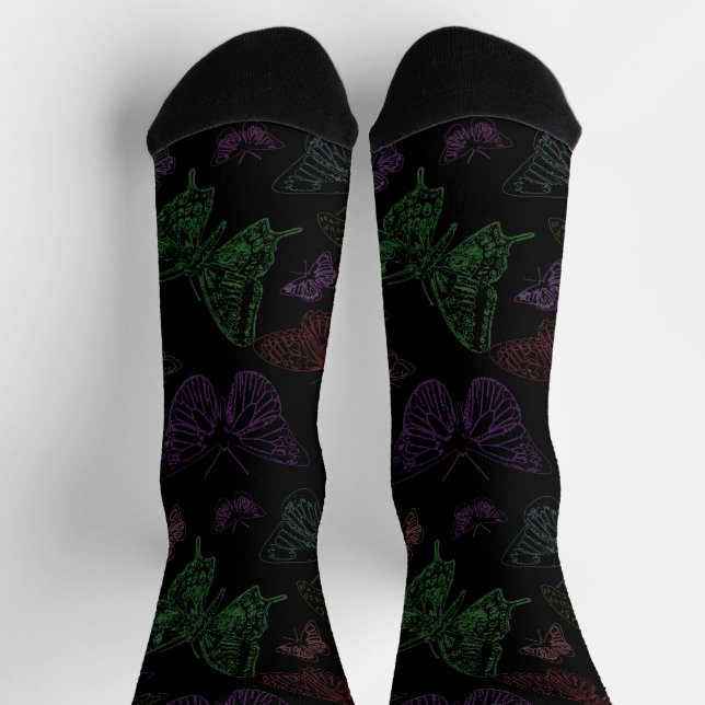 Black & Rainbow Coloured Butterflies Flying Socks (Top)