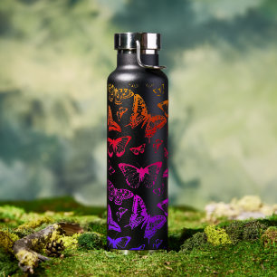 Black & Rainbow Coloured Butterflies Flying Water Bottle