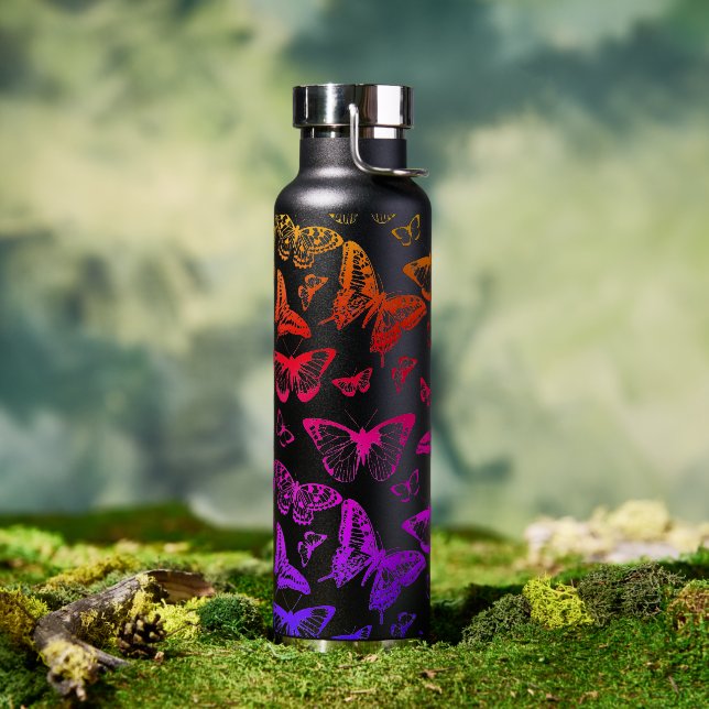 Black & Rainbow Coloured Butterflies Flying Water Bottle (Outdoor)