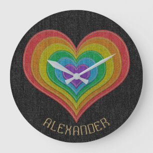 Black Rainbow Denim Jeans 6 Hearts Name Customised Large Clock