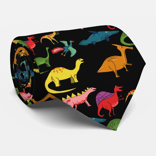 Black Rainbow Dinosaurs Tie (Rolled)
