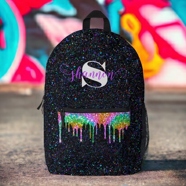 Black Rainbow Glitter Drip Custom Name Backpack (Creator Uploaded)