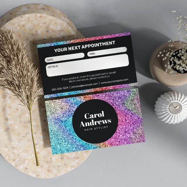 Black & Rainbow Glitter Glam Hair Salon Appointment Card (Creator Uploaded)