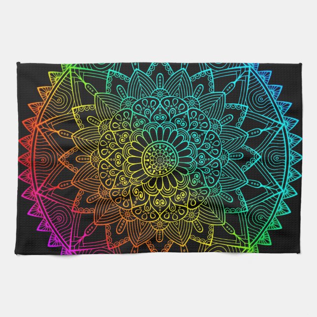 Black Rainbow Mandala Tea Towel (Horizontal)