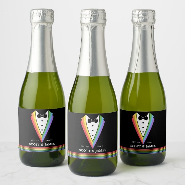Black Rainbow Personalised Groomsmen Gay Pride  Sparkling Wine Label (Bottles)