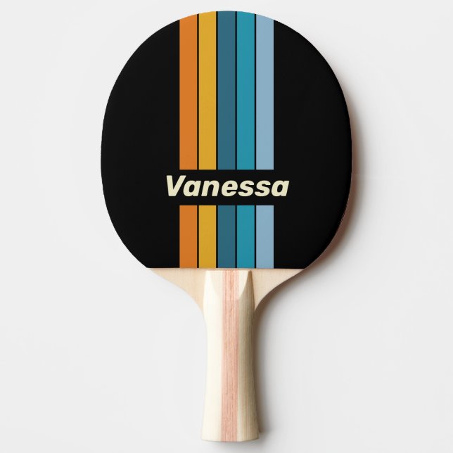 Black Rainbow Pin Striped with Name Ping Pong Paddle (Front)