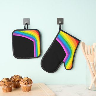 Black Rainbow Print Oven Mitt and Potholder  & Pot Holder Set