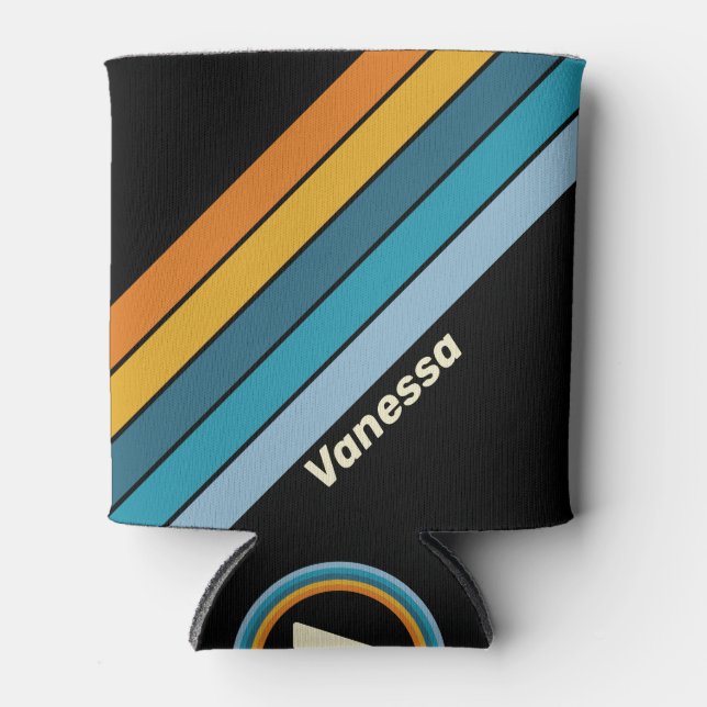Black Rainbow Stripes with Name Can Cooler (Front)