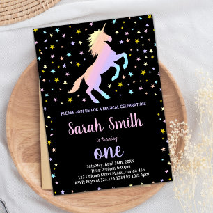 Black Rainbow Unicorn Birthday Invitations