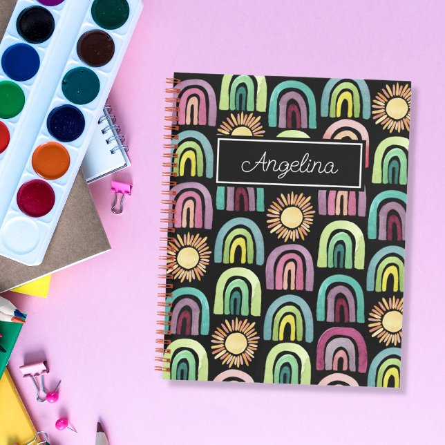 Black Rainbows & Suns Pattern Kids Back to School Notebook (Creator Uploaded)