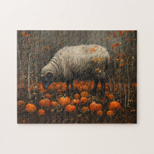 Black Ram Autumn Pumpkin Patch Decoupage Jigsaw Puzzle