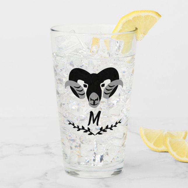 Black Ram with Twisted Horns Silhouette Monogram Glass (Back Ice)