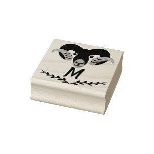 Black Ram with Twisted Horns Silhouette Monogram Rubber Stamp
