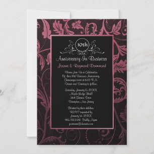 Black - Raspberry Damask 10th Business Anniversary Invitation