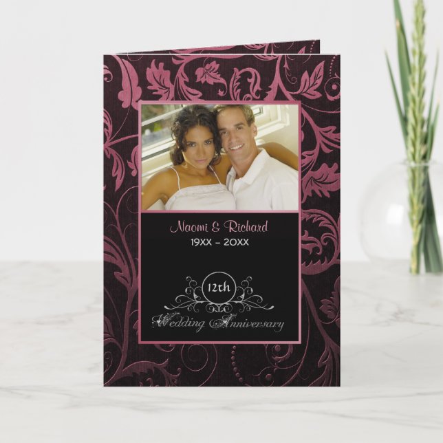Black & Raspberry Damask 12th Wedding Anniversary Invitation (Front)