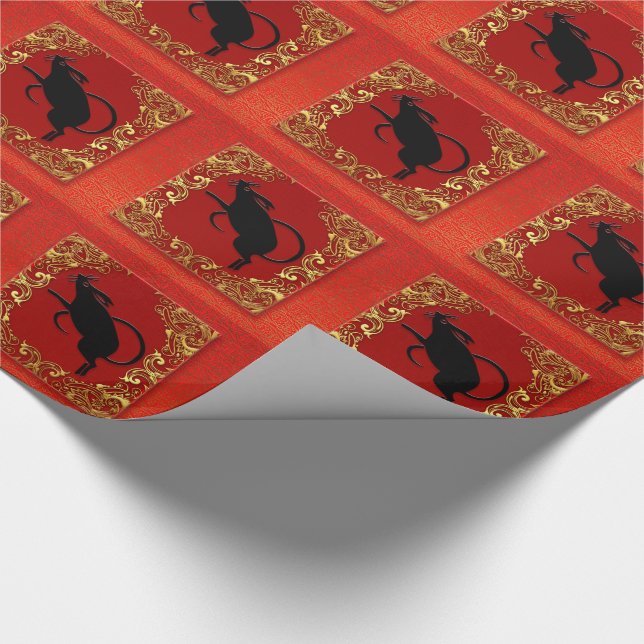 Black Rat Chinese Zodiac Animal Red and Gold Wrapping Paper (Corner)