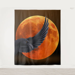 Black Raven and Blood Red Moon Tapestry