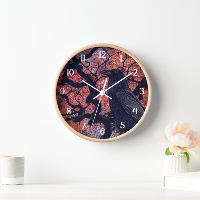 Black Raven and Gnarly Japanese Maple Tree Clock (Home)