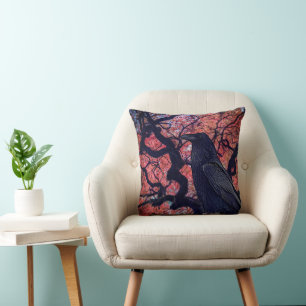 Black Raven and Gnarly Japanese Maple Tree Cushion