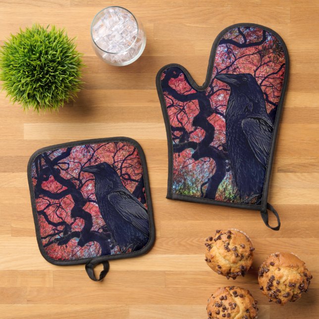 Black Raven and Gnarly Japanese Maple Tree Oven Mitt & Pot Holder Set (Top Down)