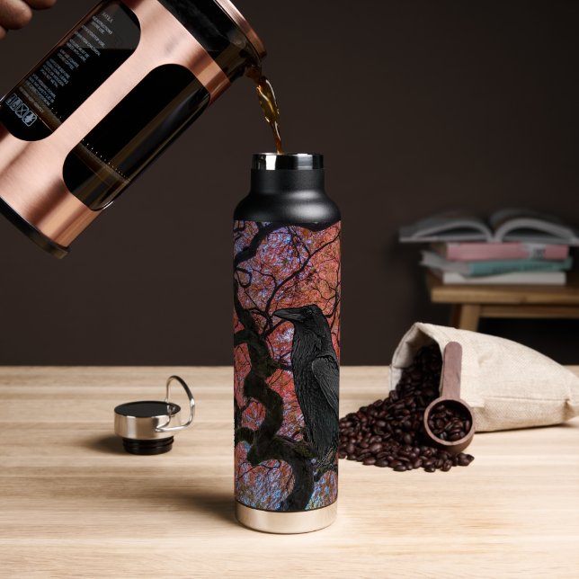 Black Raven and Gnarly Japanese Maple Tree Water Bottle (Coffee (Rotated))