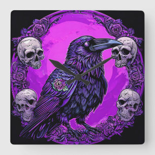 Black Raven and Skulls Square Wall Clock