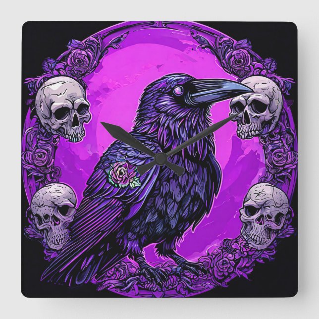 Black Raven and Skulls Square Wall Clock (Front)