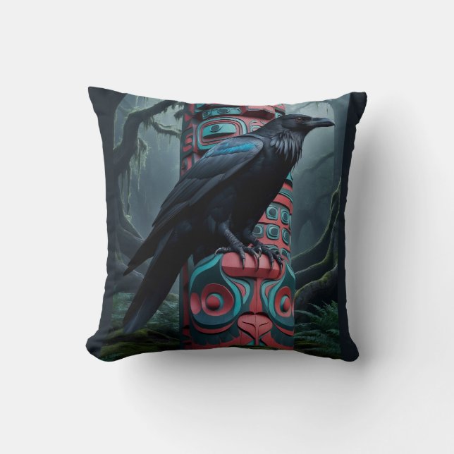 Black Raven and Totem Pole Wildlife Art Cushion (Front)