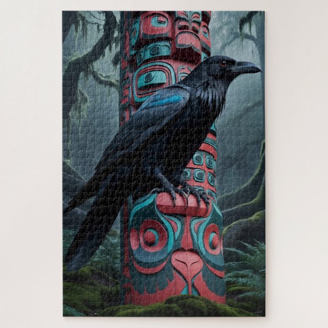 Black Raven and Totem Pole Wildlife Art Jigsaw Puzzle (Vertical)