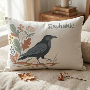 Black Raven Bird Botanical Autumn Decorative Cushion