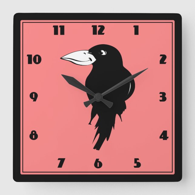 Black Raven Bird Illustration Square Wall Clock (Front)
