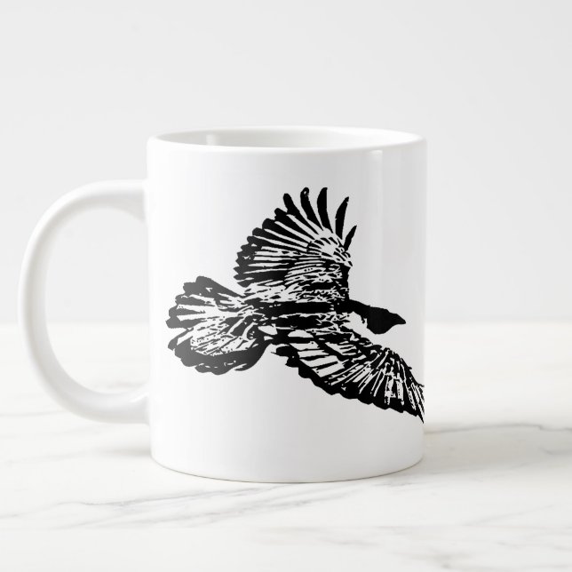 Black Raven Bird Soaring in Flight swooping Art Large Coffee Mug (Left)