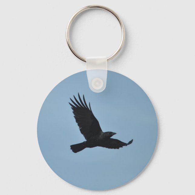 Black Raven Flying in Blue Sky Photo Key Ring (Front)
