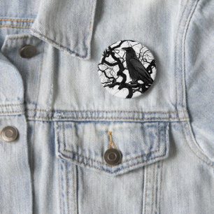 Black Raven in Tree Black and White Photo 6 Cm Round Badge