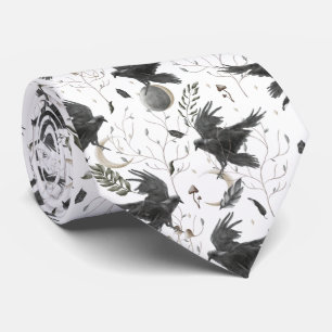 Black Raven, Moon and Wild Plants Witchcraft Tie