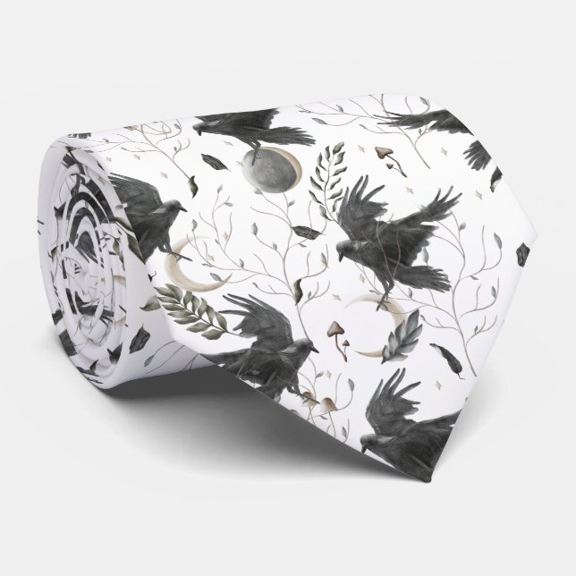 Black Raven, Moon and Wild Plants Witchcraft   Tie (Rolled)